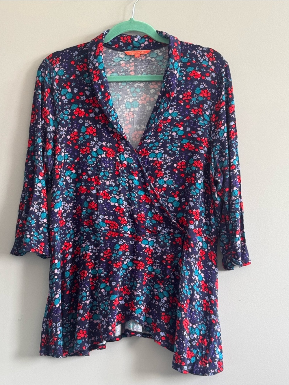 ModCloth Plus Size 1X Floral Faux Wrap Peplum Top Navy 3/4 Sleeve